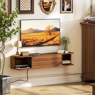 Mueble TV Suspendido, Mueble Porta TV Hasta 50" Con Tomas De Corriente, USB Y Tipo C, Cajón Deslizante, Estantes Abiertos Y Pasacables, para Sala De Estar, Dormitorio, 120X24X22.4 Cm, Nogal