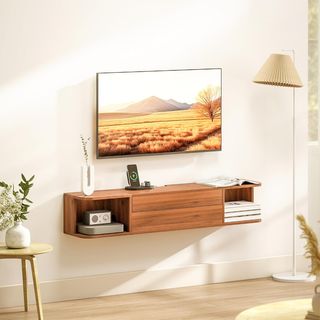 Mueble TV Suspendido, Mueble Porta TV Hasta 50" Con Tomas De Corriente, USB Y Tipo C, Cajón Deslizante, Estantes Abiertos Y Pasacables, para Sala De Estar, Dormitorio, 120X24X22.4 Cm, Nogal