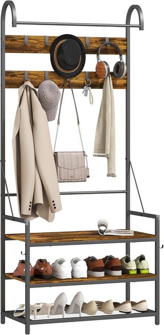 Perchero de Entrada con Barra, 10 Ganchos Móviles, Banco y Zapatero de 2 Niveles, Mueble Perchero de Aglomerado y Metal, Diseño Industrial, 80X40X182 Cm, Marrón y Negro