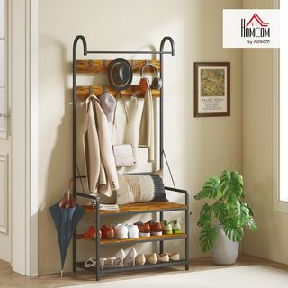 Perchero de Entrada con Barra, 10 Ganchos Móviles, Banco y Zapatero de 2 Niveles, Mueble Perchero de Aglomerado y Metal, Diseño Industrial, 80X40X182 Cm, Marrón y Negro