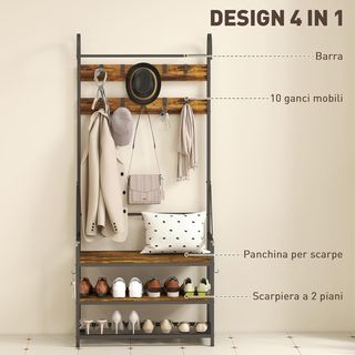 Perchero de Entrada con Barra, 10 Ganchos Móviles, Banco y Zapatero de 2 Niveles, Mueble Perchero de Aglomerado y Metal, Diseño Industrial, 80X40X182 Cm, Marrón y Negro
