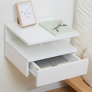 Juego de 2 Mesitas de Noche Suspendidas, Mesitas de Noche Modernas, Con Cajón y Estante Superior de Madera, 35X32X22.5Cm, Blanco Brillante