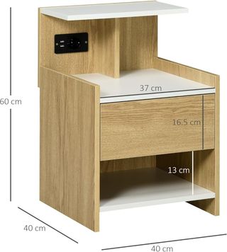 Mesita Moderna de Madera, Mesita Con 2 Tomas de Corriente y Puertos USB, Con Cajón, Madera Aglomerada, Para Dormitorio, 40X40X60Cm, Color Madera