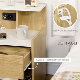 Mesita Moderna de Madera, Mesita Con 2 Tomas de Corriente y Puertos USB, Con Cajón, Madera Aglomerada, Para Dormitorio, 40X40X60Cm, Color Madera