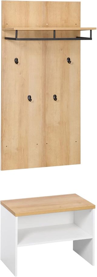 Mueble De Entrada Con Zapatero Bajo, Banco Y Perchero De 4 Ganchos, Perchero De Entrada En Aglomerado Y Acero, 60X28X120 Cm