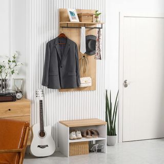 Mueble De Entrada Con Zapatero Bajo, Banco Y Perchero De 4 Ganchos, Perchero De Entrada En Aglomerado Y Acero, 60X28X120 Cm