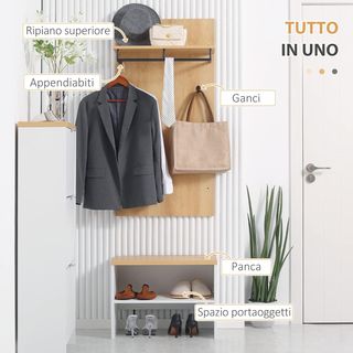 Mueble De Entrada Con Zapatero Bajo, Banco Y Perchero De 4 Ganchos, Perchero De Entrada En Aglomerado Y Acero, 60X28X120 Cm