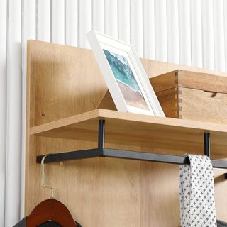 Mueble De Entrada Con Zapatero Bajo, Banco Y Perchero De 4 Ganchos, Perchero De Entrada En Aglomerado Y Acero, 60X28X120 Cm