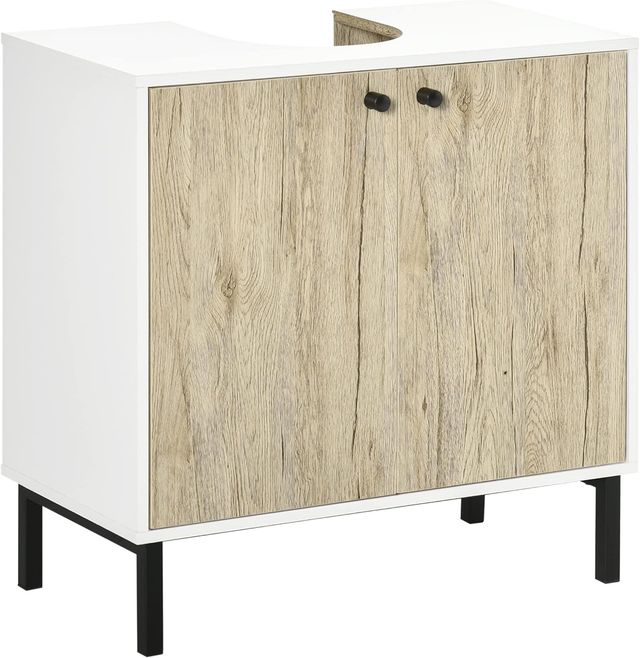 Mueble de Baño Bajo Lavabo de 2 Puertas con Estante Interno en Aglomerado y Acero, 60X30X60 Cm, Blanco y Roble