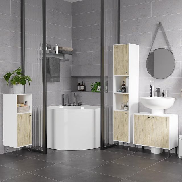 Mueble de Baño Bajo Lavabo de 2 Puertas con Estante Interno en Aglomerado y Acero, 60X30X60 Cm, Blanco y Roble
