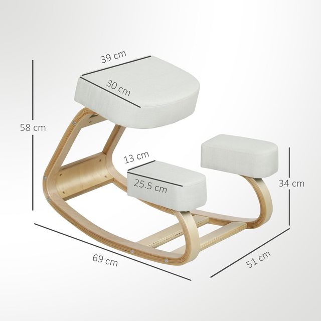 Silla Ergonómica Con Inginocchiadoio Y Movimiento De Balanceo, Silla Postural Acolchada Moderna En Madera De Abeto Y Poliéster, 51X69X58 Cm, Crema