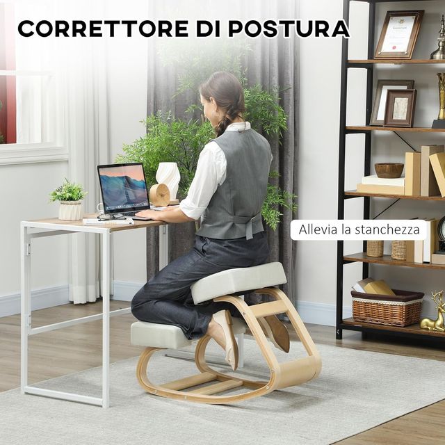 Silla Ergonómica Con Inginocchiadoio Y Movimiento De Balanceo, Silla Postural Acolchada Moderna En Madera De Abeto Y Poliéster, 51X69X58 Cm, Crema