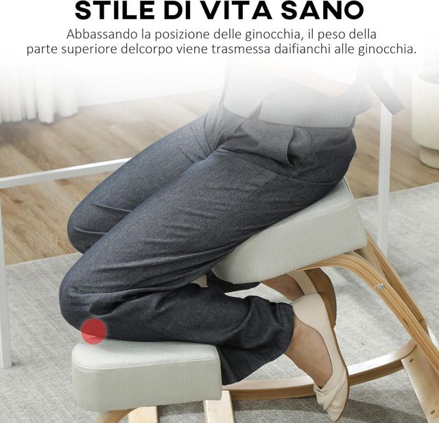 Silla Ergonómica Con Inginocchiadoio Y Movimiento De Balanceo, Silla Postural Acolchada Moderna En Madera De Abeto Y Poliéster, 51X69X58 Cm, Crema
