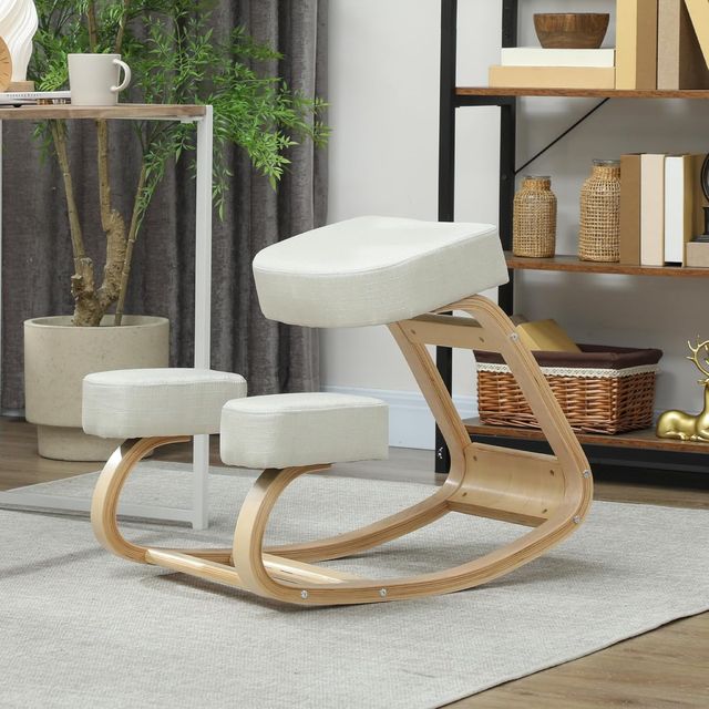 Silla Ergonómica Con Inginocchiadoio Y Movimiento De Balanceo, Silla Postural Acolchada Moderna En Madera De Abeto Y Poliéster, 51X69X58 Cm, Crema