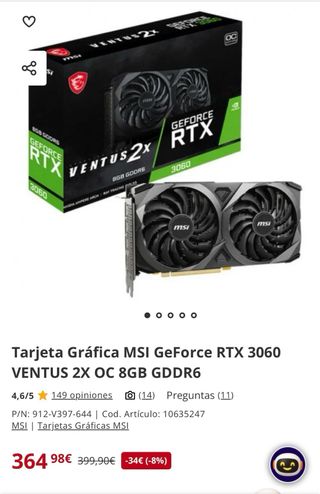 MSI GeForce RTX 3060 VENTUS 2X OC Tarjeta Gráfica