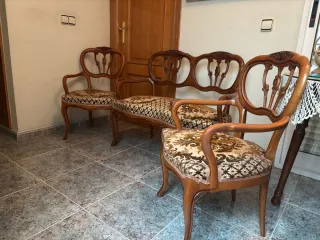 Tresillo antiguo madera y tela