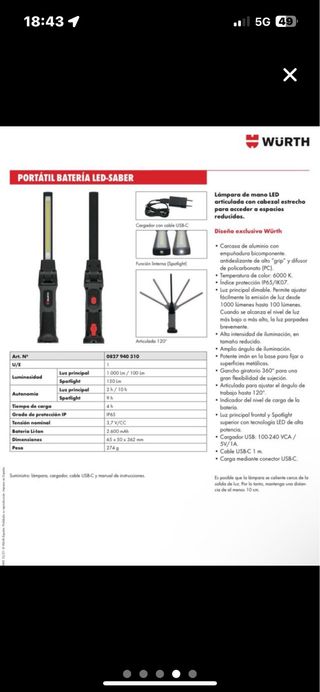 Linterna LED Wurth ErgoPower Blade Recargable