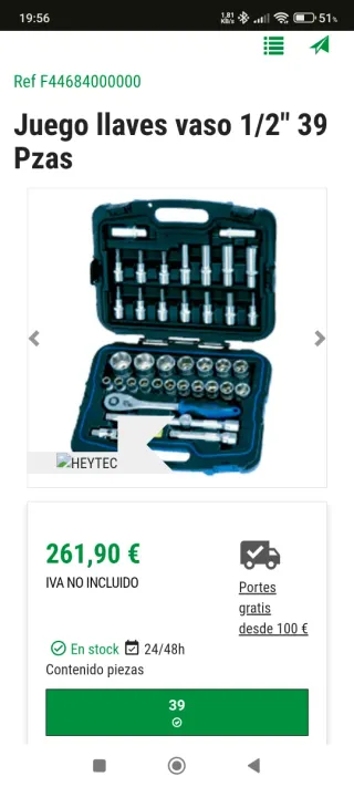 Set Carraca y Vasos 1/2", 39 Piezas, marca Heyco