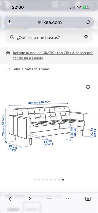 Sofá 3 plazas Ikea gris tela