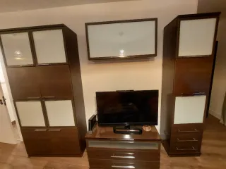 Mueble de salón completo madera y cristal, sin TV.