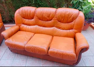 Sofá y 2 sillones piel y madera
