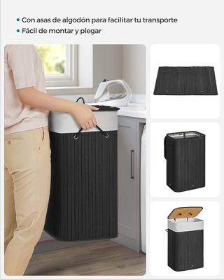 Cesto per biancheria in bambù con coperchio 72L nero SONGMICS LCB10BV1
