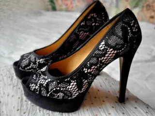 Zapatos de tacón fiesta/boda encaje negro/rosa