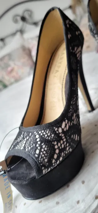 Zapatos de tacón fiesta/boda encaje negro/rosa