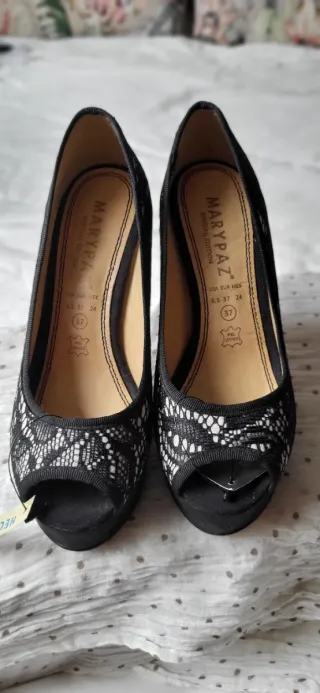 Zapatos de tacón fiesta/boda encaje negro/rosa