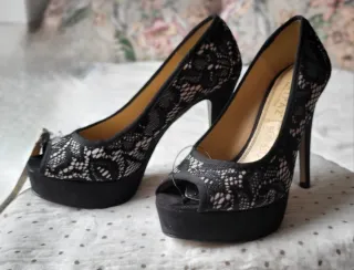 Zapatos de tacón fiesta/boda encaje negro/rosa