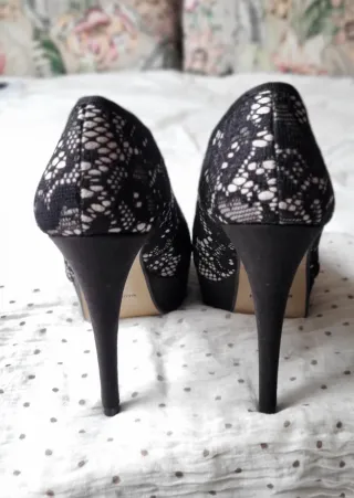 Zapatos de tacón fiesta/boda encaje negro/rosa