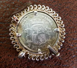 Broches Plata engarzado Moneda Antigua de 2 peseta