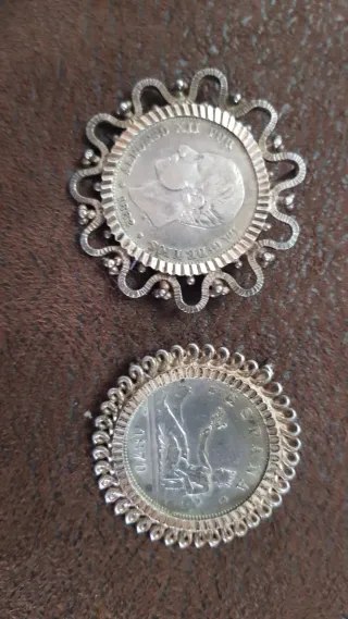Broches Plata engarzado Moneda Antigua de 2 peseta