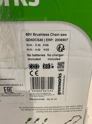 Motosierra Batería Greenworks 60V GD60CS40 - 40cm