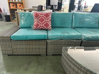 Conjunto Jardín Gris Ratán Cojines Turquesa