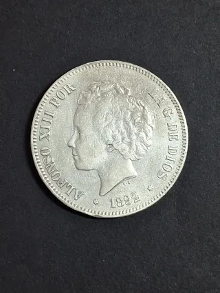 Moneda 5 Pesetas Plata 1892 Alfonso XIII