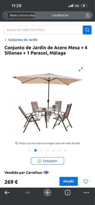 Conjunto Jardín Acero Mesa + 4 Sillas + Parasol.