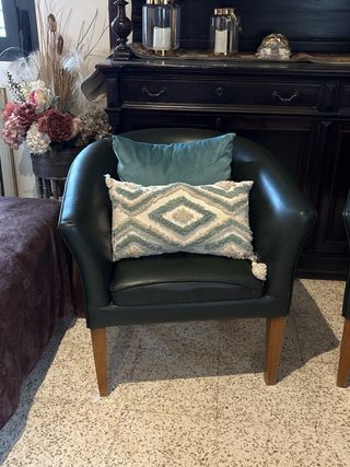 Sillón de cuero verde, cojines de regalo