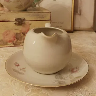 Lattiera vintage con piattino decoro rosa