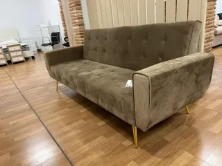 Sofá Cama Beige Terciopelo Patas Doradas