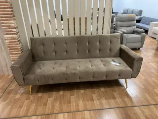Sofá Cama Beige Terciopelo Patas Doradas