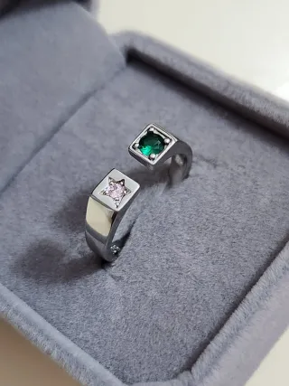 Anillo Plata Ajustable Cristal Verde y Rosa