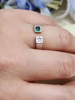 Anillo Plata Ajustable Cristal Verde y Rosa