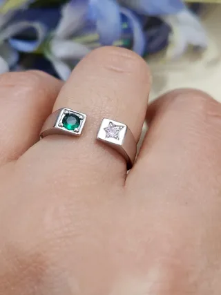 Anillo Plata Ajustable Cristal Verde y Rosa