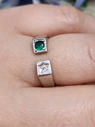 Anillo Plata Ajustable Cristal Verde y Rosa