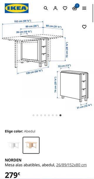 Mesa alas abatibles, madera de abedul 6 cajones