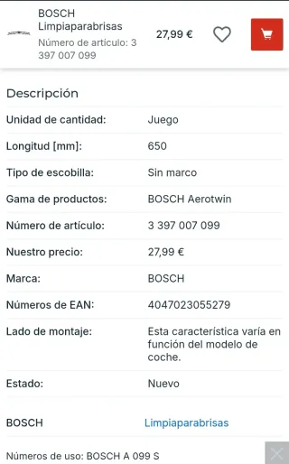 2 Escobillas Bosch Aerotwin 650mm/26 A099S