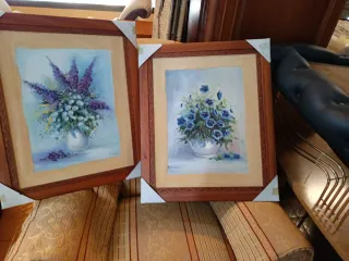 Pareja cuadros madera flores pintura