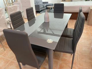 Mesa comedor + 6 sillas polipiel gris- NUEVO
