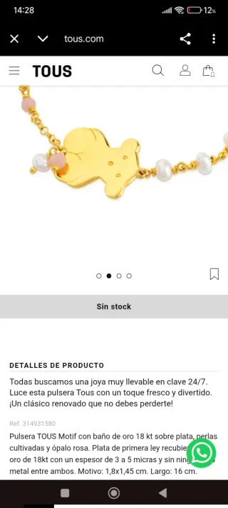 Pulsera Tous Motif Oro 18kt Perlas y Ópalo Rosa